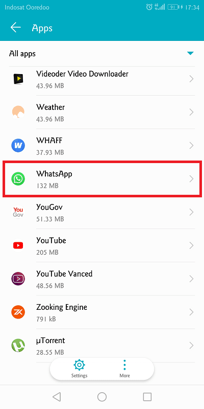 pilih whatsapp untuk membuka menu pengaturannya