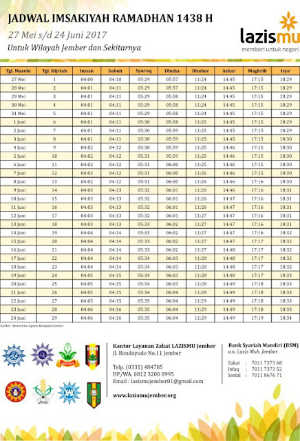 Jadwal Imsyakiyah Ramadhan 1438 H untuk Kab. Jember dan Sekitarnya