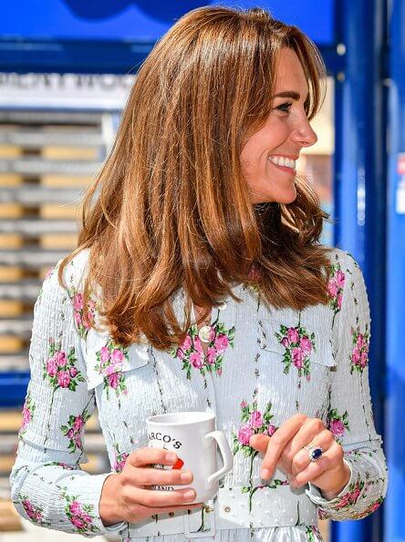 Kate Middleton wore Emilia Wickstead Aurora belted floral print cotton blend seersucker dress and Castaner Carina canvas wedge espadrilles