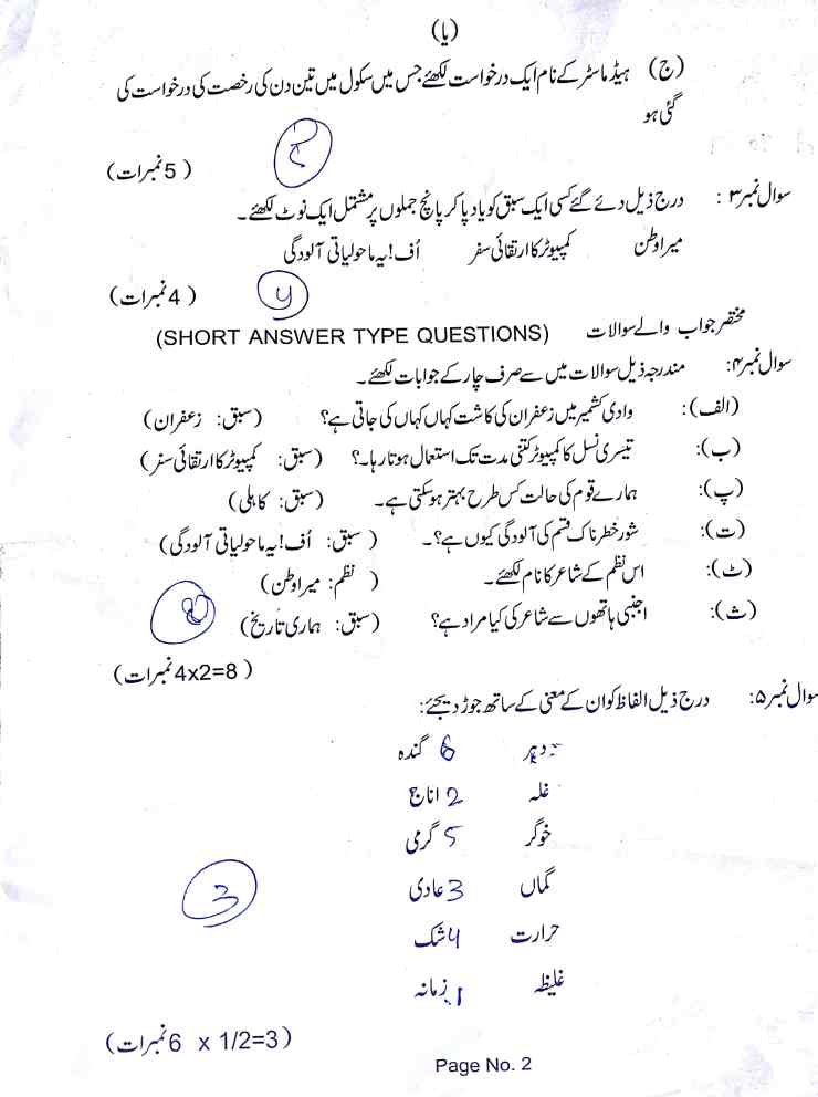 Urdu paper 8th Class
