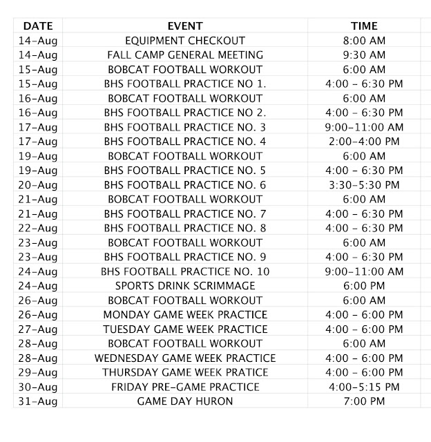 BOBCAT FOOTBALL PRACTICE SCHEDULE