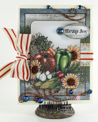 Candy Slabaugh creates a card featuring #Want2Scrap #HeartfeltCreations #MayArts #Fall #Vegetables #Rhinestones #SwirlsFinesse