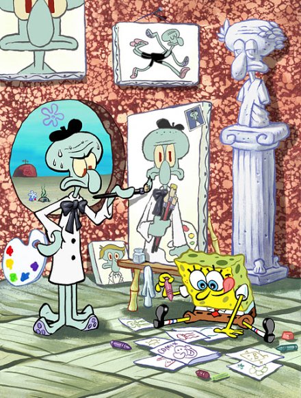 SpongeBob drawing a comic book on the floor of Squidward's studio, while Squidward stands at an easel with a paint pallette in his hand and wearing a beret