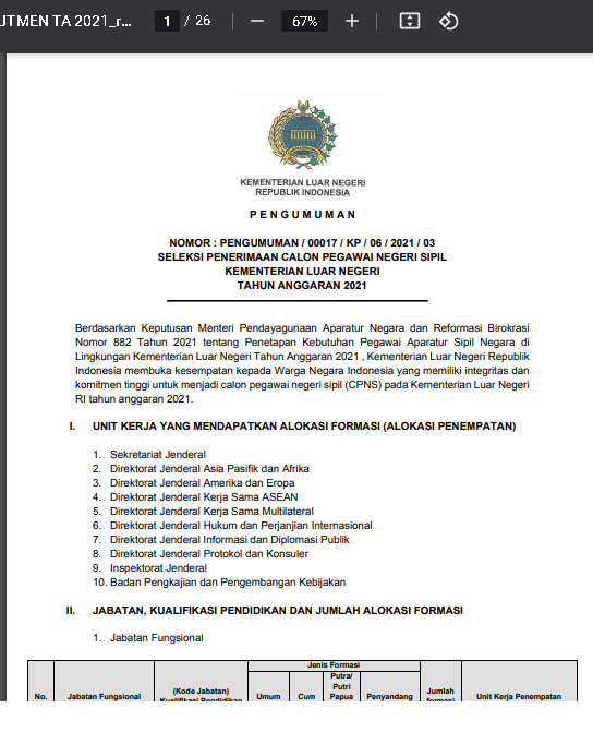 Lowongan Kerja CPNS Kementerian Luar Negeri Tahun Anggaran 2021