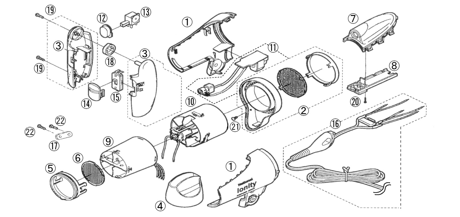 Electro help PANASONICNATIONAL IONITY HAIR DRYER ELECTRONIC SCHEMATIC & DISASSEMBLY