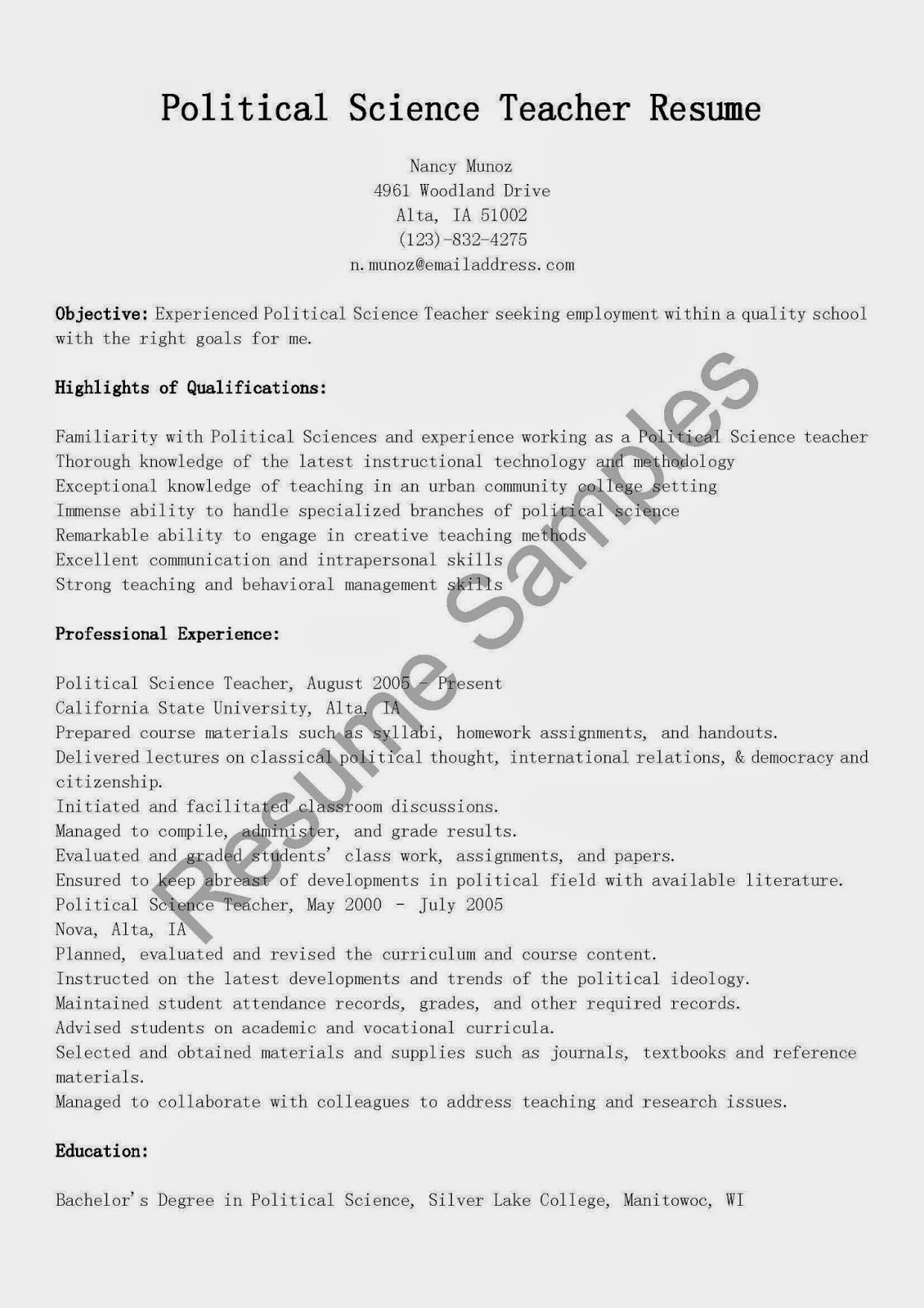Resume Samples Political Science Teacher Resume Sample