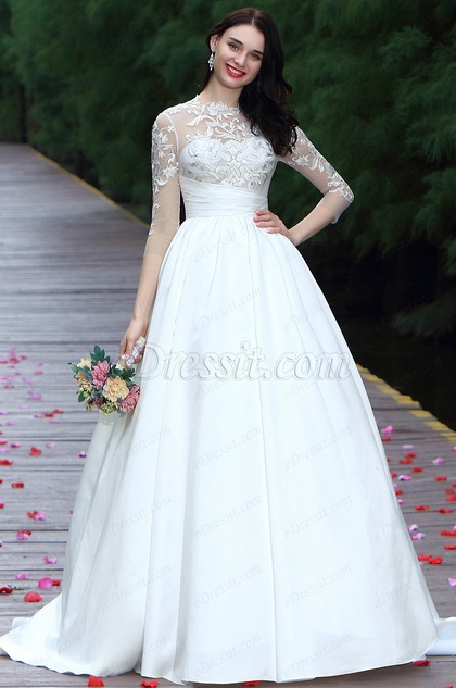 White Long Sleeves Embroidery Bridal Dress