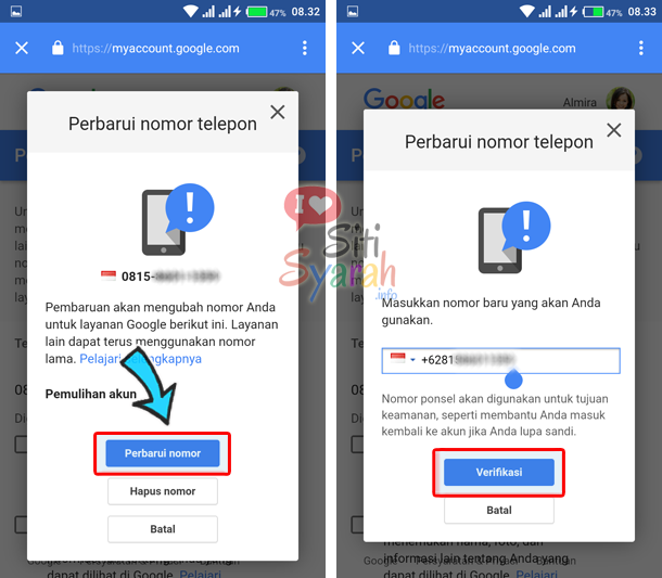 ubah nomor pemulihan akun google di android