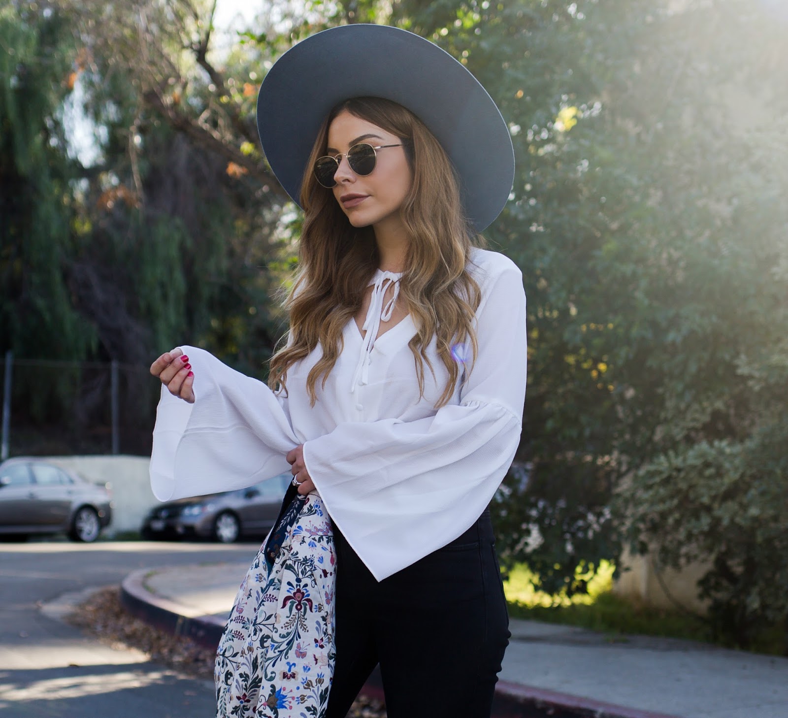 Stiletto Beats, new york and company, eva mendez, embroidered jacket, bell sleeve blouse, brixton hat, fringe jeans, los angeles blogger,