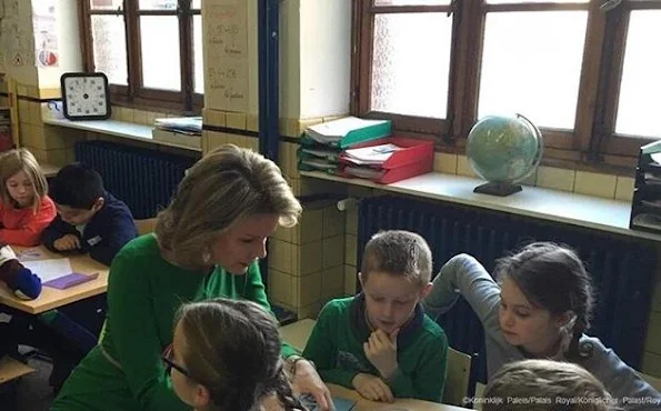 Queen Mathilde of Belgium visits the Victor Horta school Saint-Gilles in Brussels.