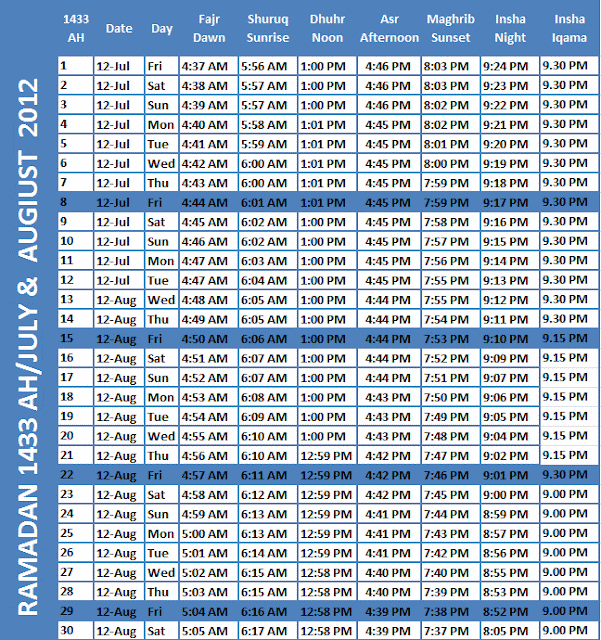 Ramadan 2012 Calendar and Timetable For North Hollywood - Ramadan 2017 ...