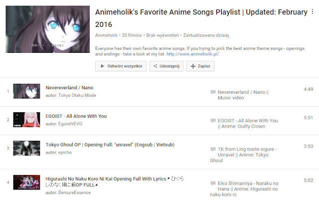 Playlista piosenek z anime na YouTube