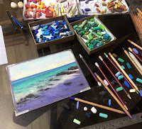 Steps involved in creating a soft pastel painting of a seashore