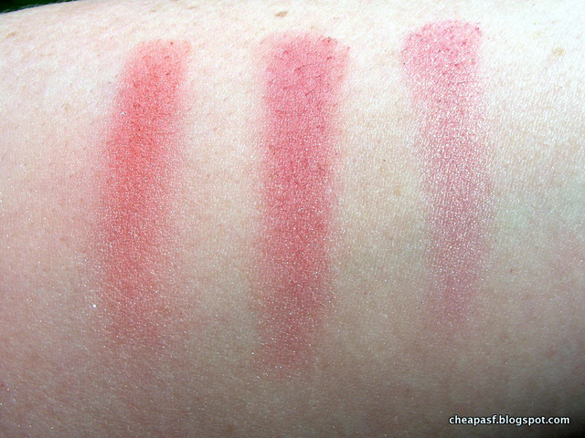 Swatches of new Wet N Wild Pearlescent Pink, old Pearlescent Pink, and Nars Orgasm