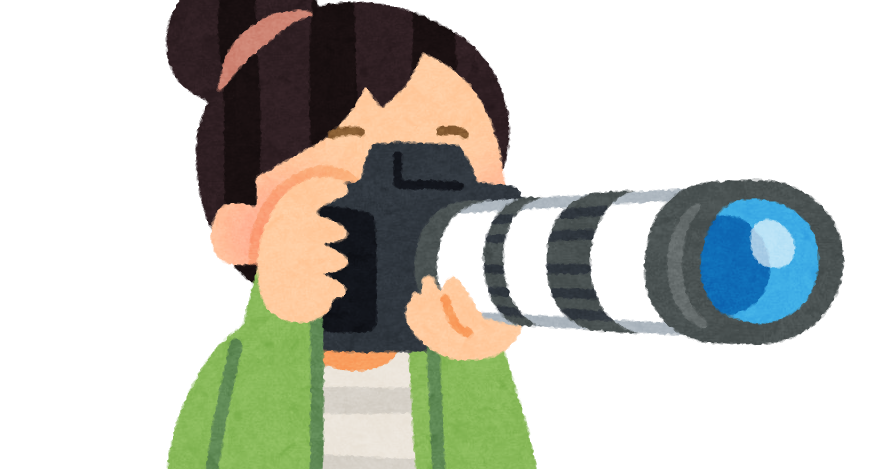 無料イラスト かわいいフリー素材集 大きな望遠レンズのカメラを構える人のイラスト 女性