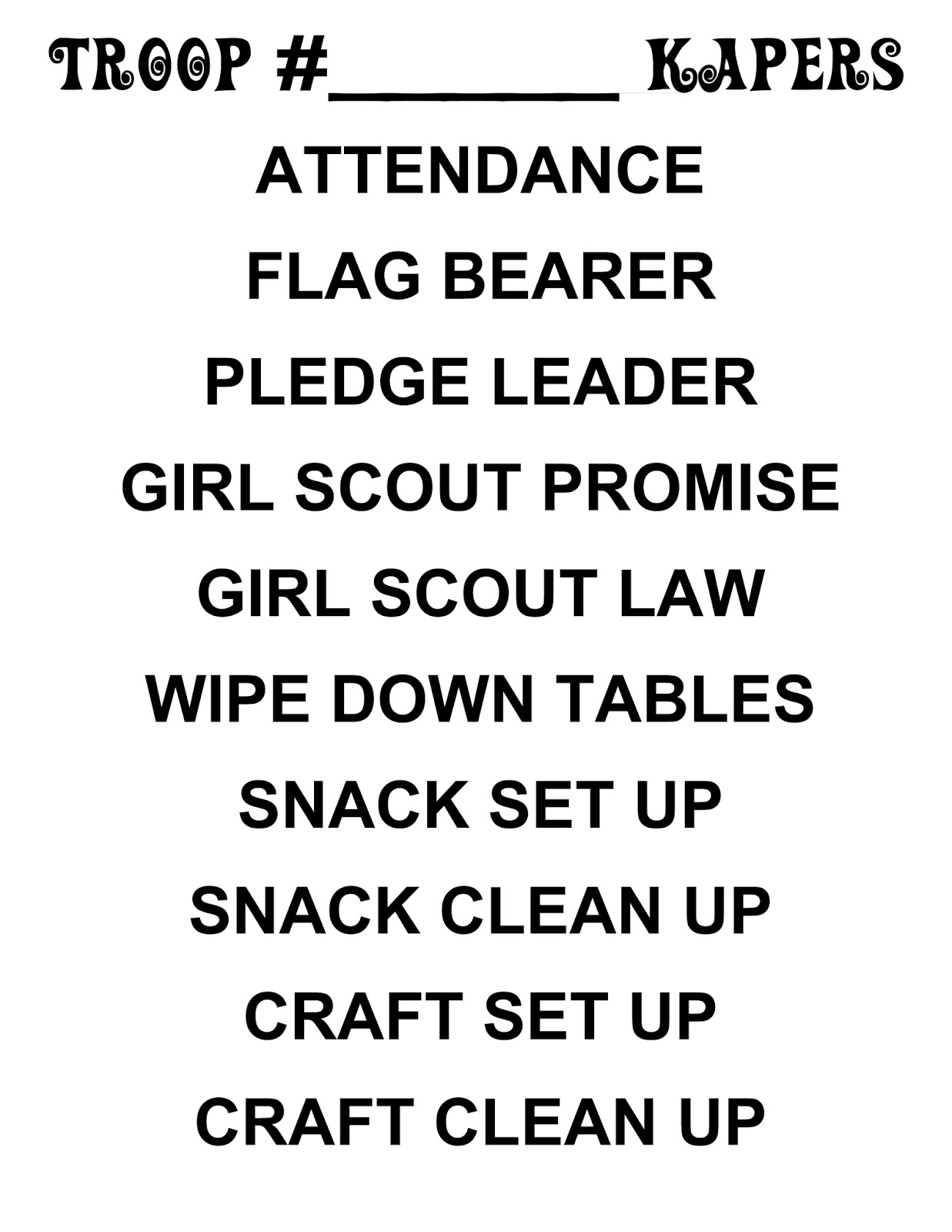 Girl Scout Daisy Kaper Chart Printable
