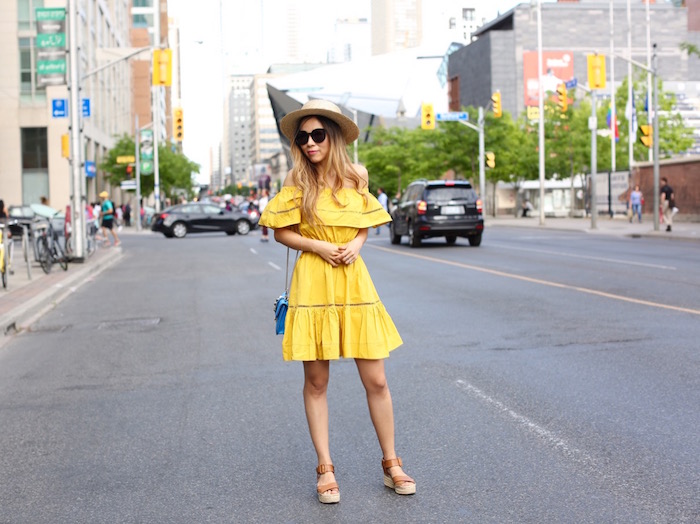 Chicwish off shoulder dress, valentino lock bag, sandals, straw hat, toronto street style, nyc fashion blog, summer style