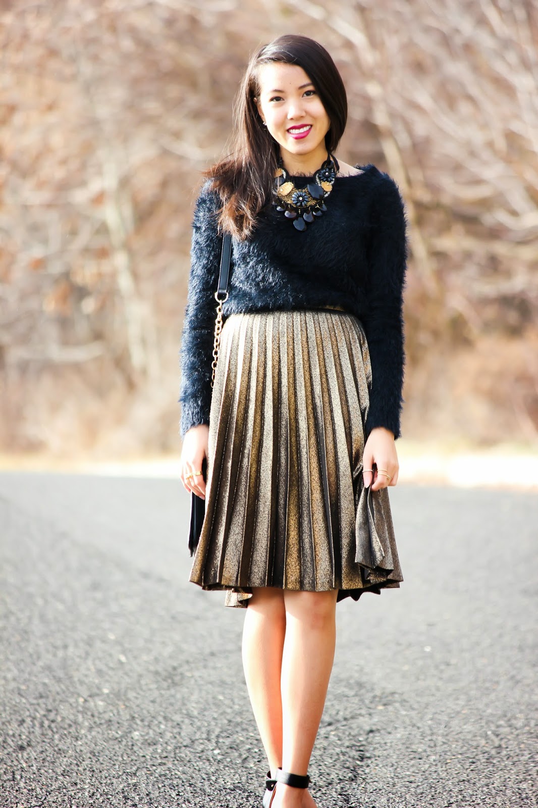 refined couture: Sparkle On :: Shag Sweater & Brushed Gold Pleats