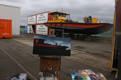 plein air oil painting of the 'Poolya' work boat at Glebe Island by artist Jane Bennett