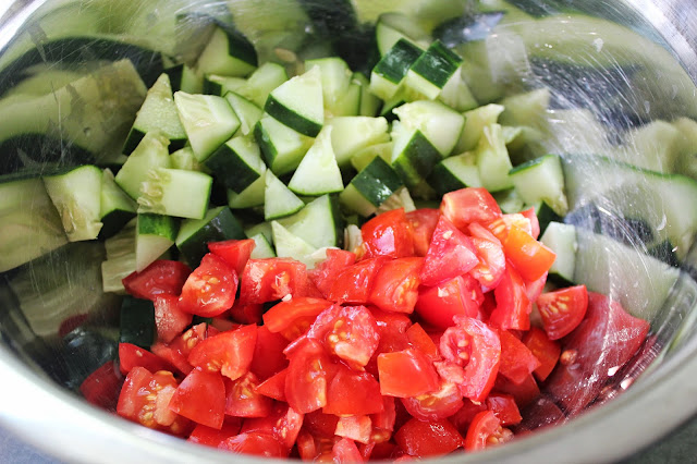 Diced cucumbers and tomatoes