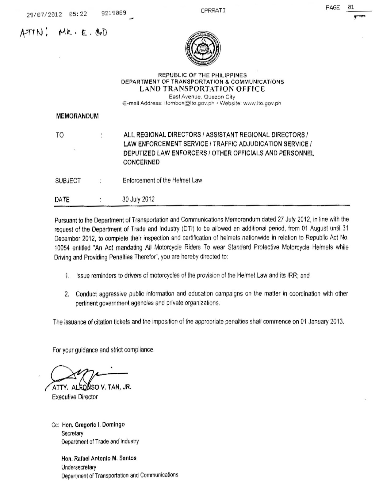 Coolworld Biyahe ATBP LTO Helmet Law Memorandum 2...Download, Print