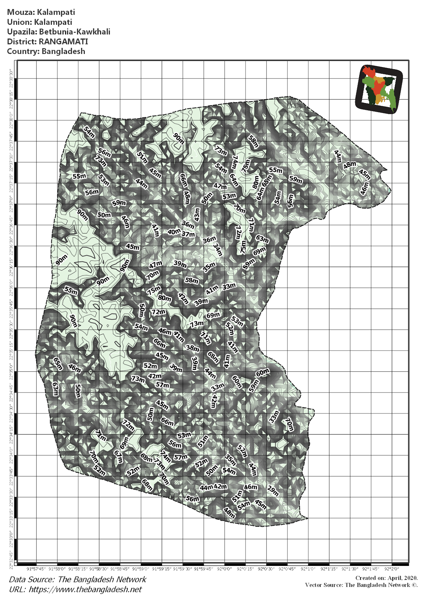 Map of Kalampati Mouza of Betbunia-Kawkhali Upazila, RANGAMATI, Bangladesh.