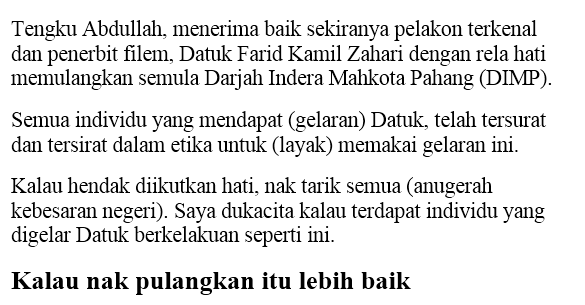 Tak Sangka! Terima Baik Jika Farid Kamil Pulangkan Pangkat