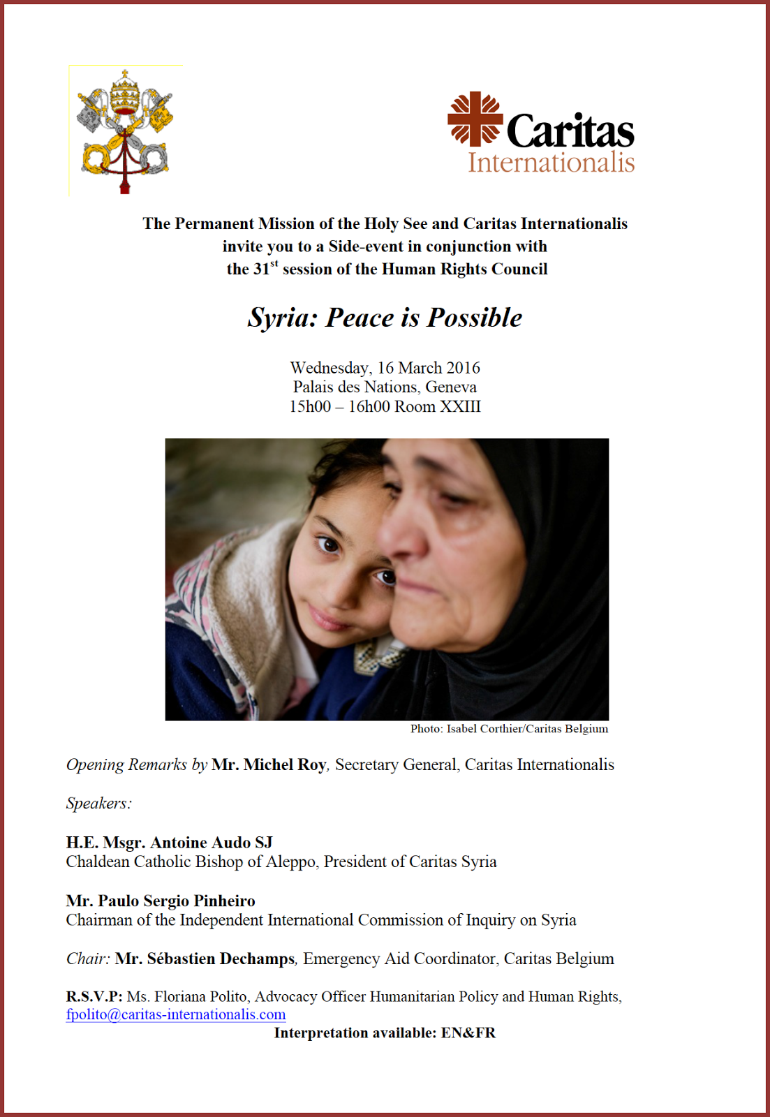 Peace is possible in Syria, now ! Invitation in Geneva, 16 March