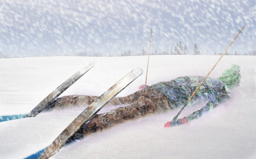 Никитич осторожно выглянул из чащи лыжни. Замерзший лыжник. Лыжник в снегу. Лыжник падает. Лыжи воткнуты в снег.