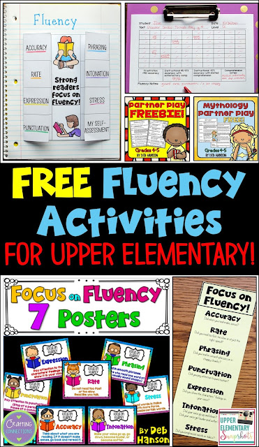 Activities to help build reading fluency in your upper elementary classroom! Multiple FREE printables, including posters, bookmarks, partner plays, and more!