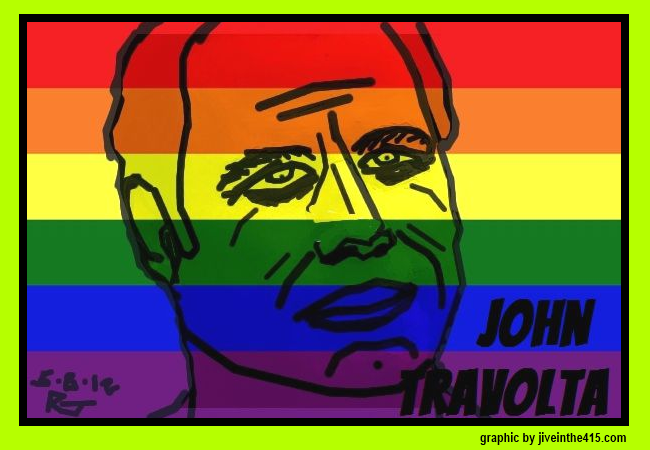 Drawing of John Travolta by jiveinthe415.com with a rainbow flag background