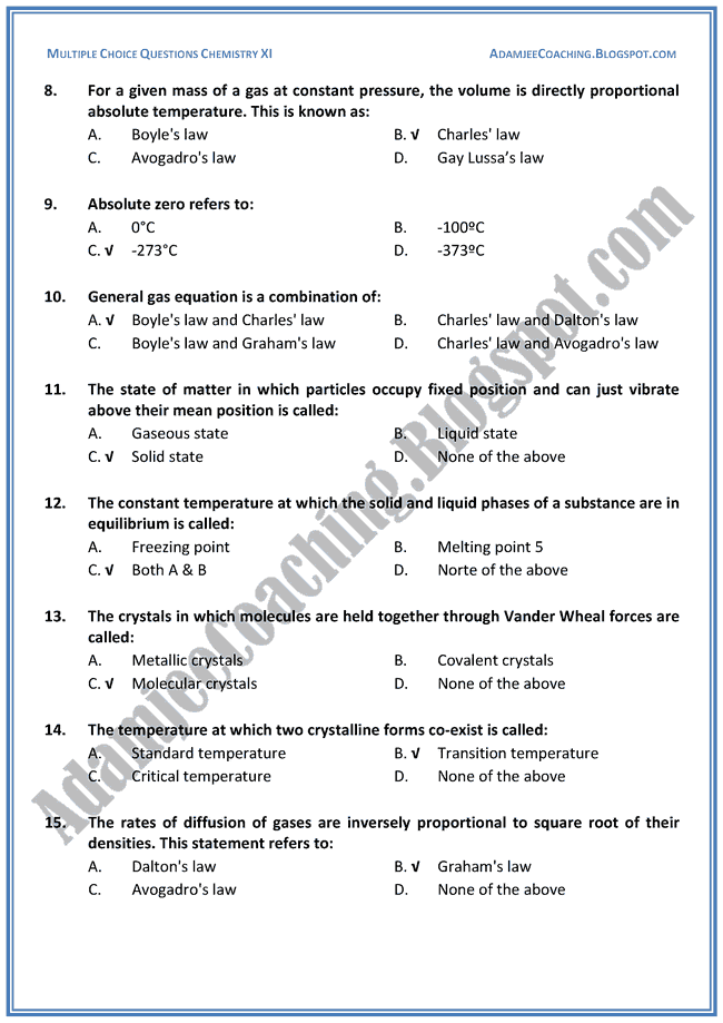 Adamjee Coaching XI Chemistry MCQs Three States of Matter Gases