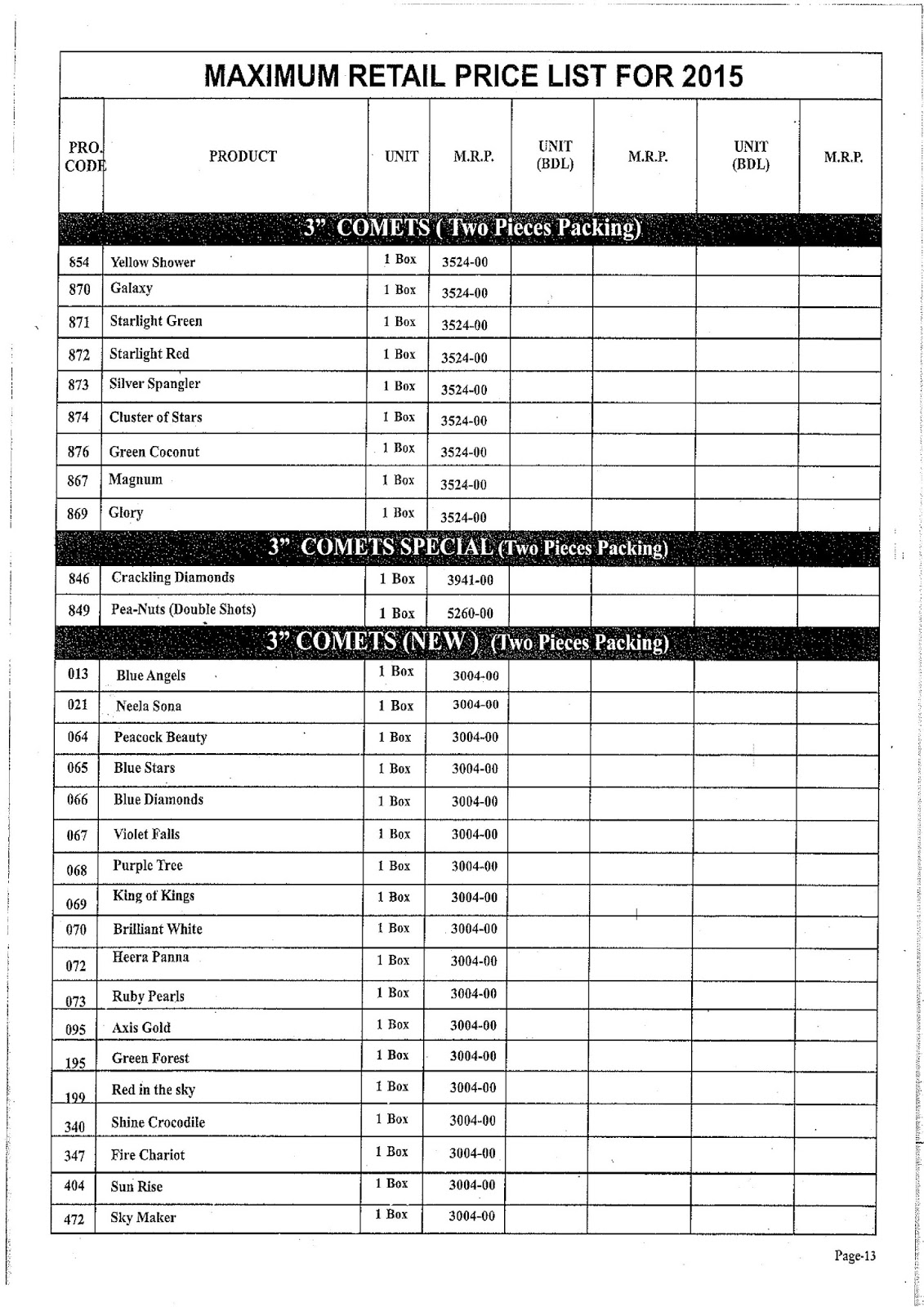 SLV TRADERS Original MRP price list of standard fireworks
