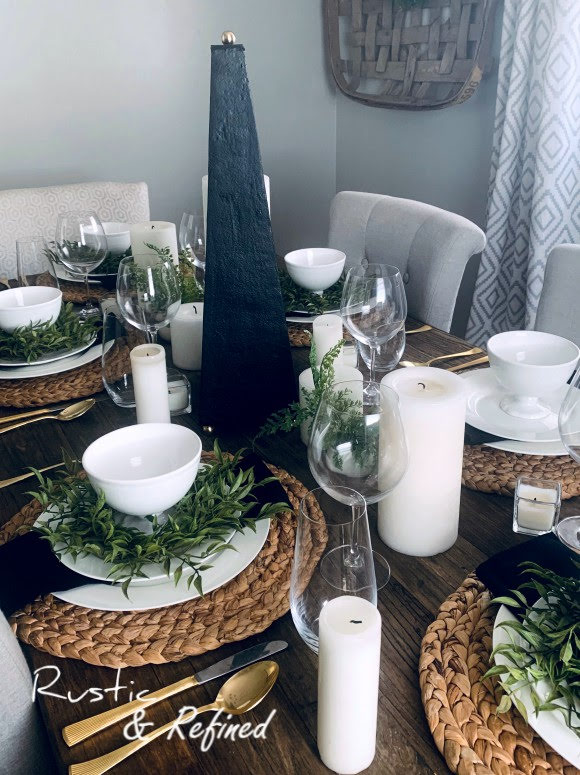 Black and white tablescape for spring with rustic farmhouse touches that can fit any season Spring, Summer or Fall.