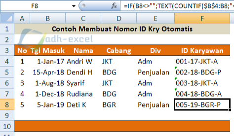 Membuat Id Karyawan Berdasarkan Nomor Urut Cabang Dan Divisi Dengan Rumus Dalam Excel Adhe Pradiptha