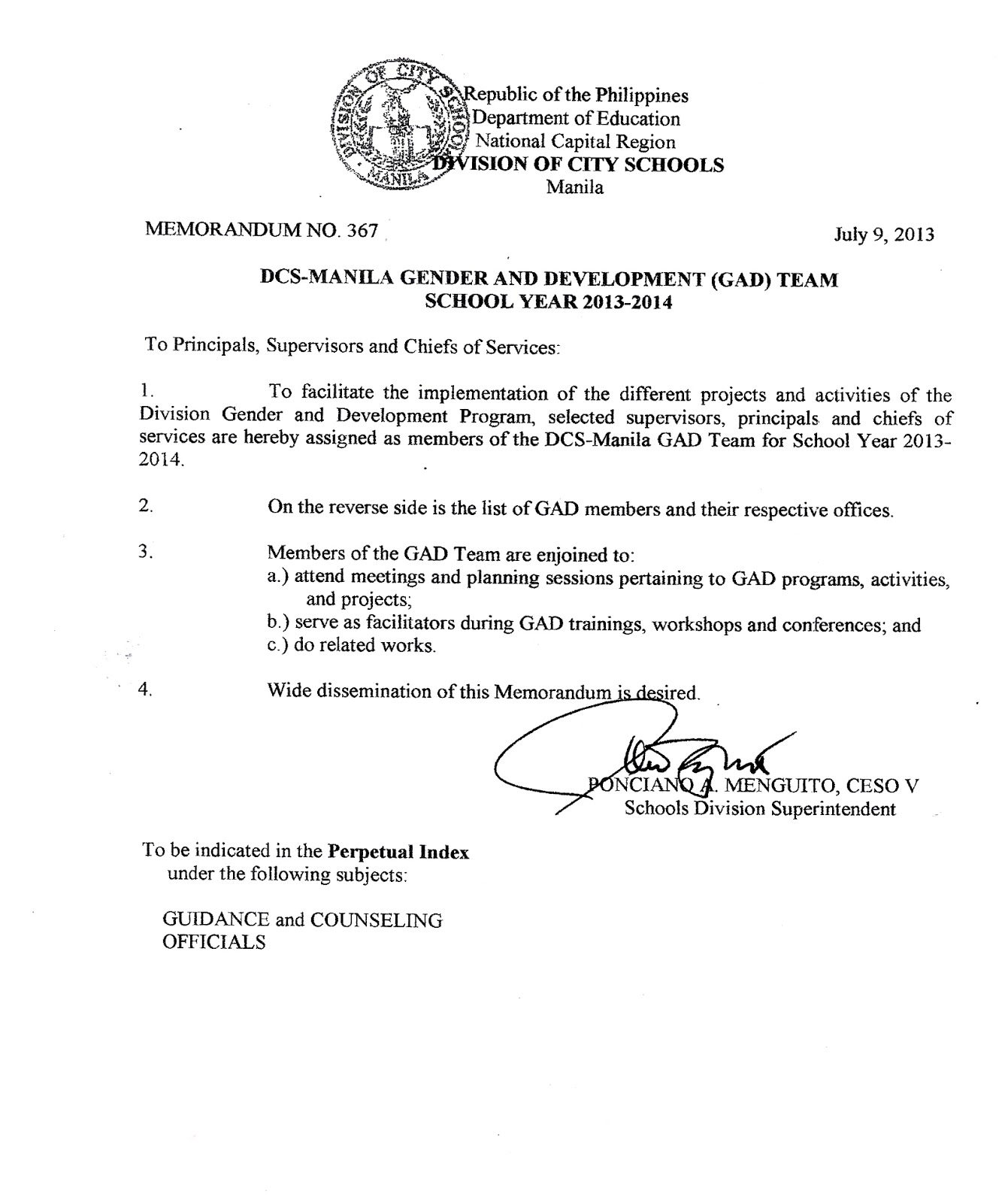 Department of Education Manila: Division Memorandum 367 DCS MANILA