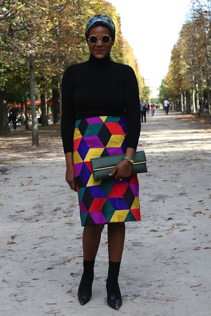 geometric skirt and black sweater