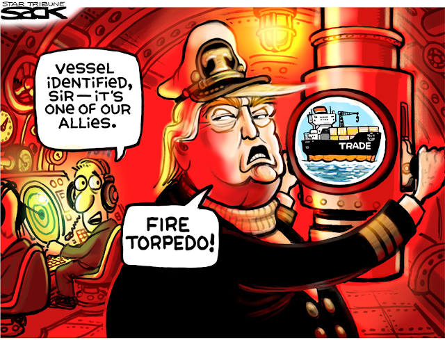 Donald Trump as submarine captain looking through periscope.  He sees a ship labeled 