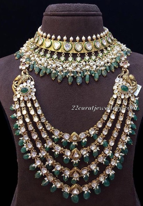 Four Layer Polki Haram Choker with Drops - Jewellery Designs
