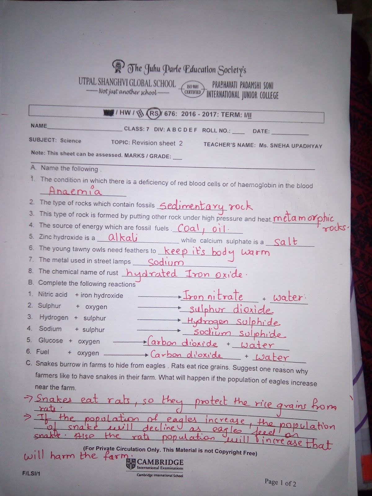 Studies: Revision sheets 1&2