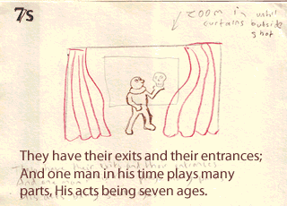 Storyboard: 7s, Morph as Hamlet between opening curtains.