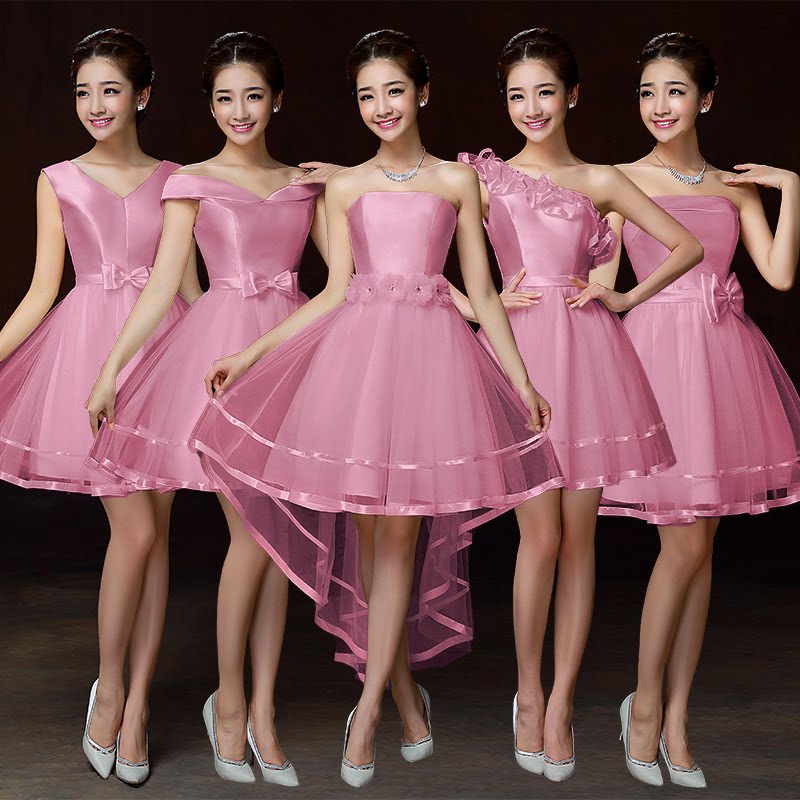 5-Design Pink Satin Bridesmaids Dress