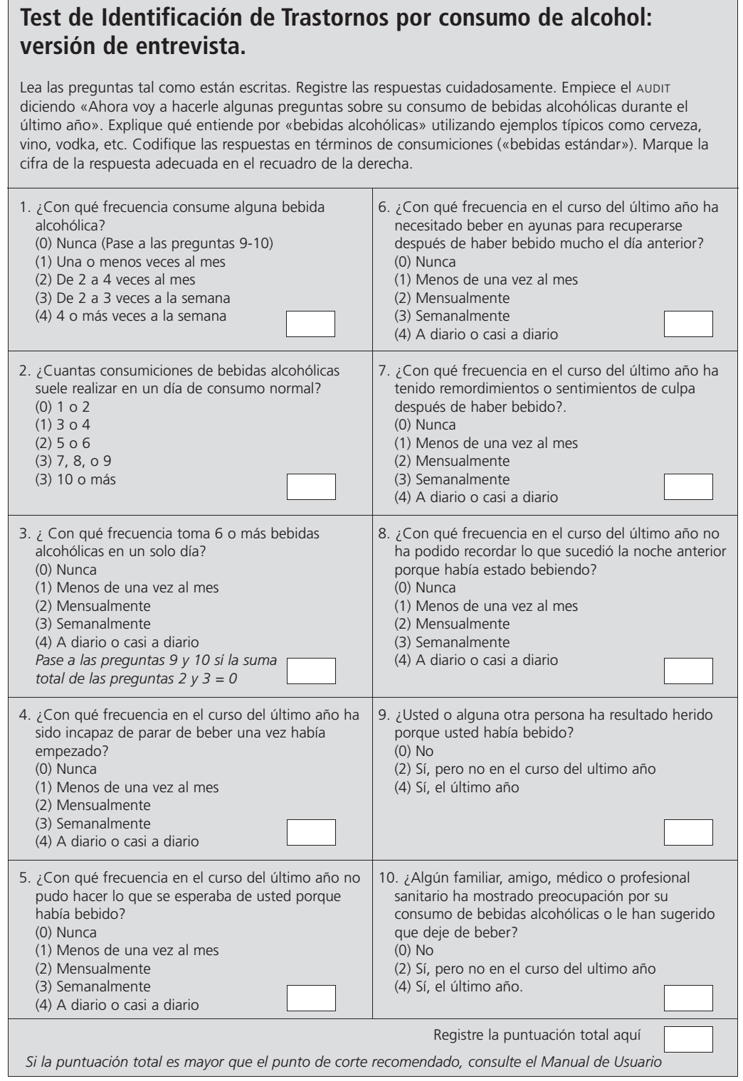 Delirium Tremens Test AUDIT Evaluación de la dependencia alcoholica
