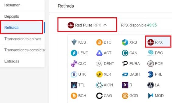 Retirada de Red Pulse monedas desde KuCoin a monedero oficial withdrawal wallet Red Pulse RPX