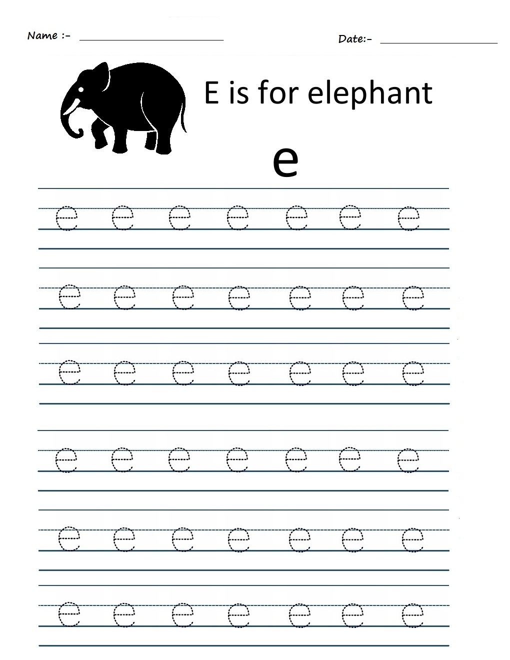 Kindergarten Worksheets: Alphabet Tracing Worksheets - e