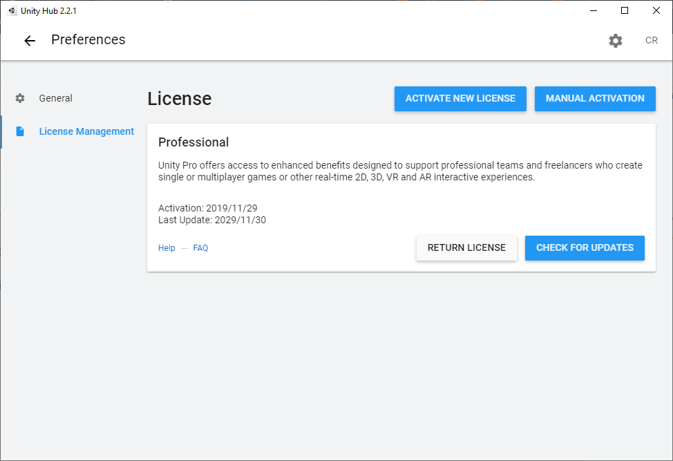 Unity Hub's license manager
