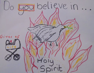 Drawing of dove and flames as sign of Holy Spirit and pram as sign of new life
