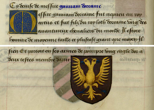 Manuscrit français Ms 329 - "Ce sont les noms, armes et blasons des chevaliers et compaignons de la Table ronde...." folio 25v (extrait) - date XVe siècle - Bibliothèque municipale de Lille