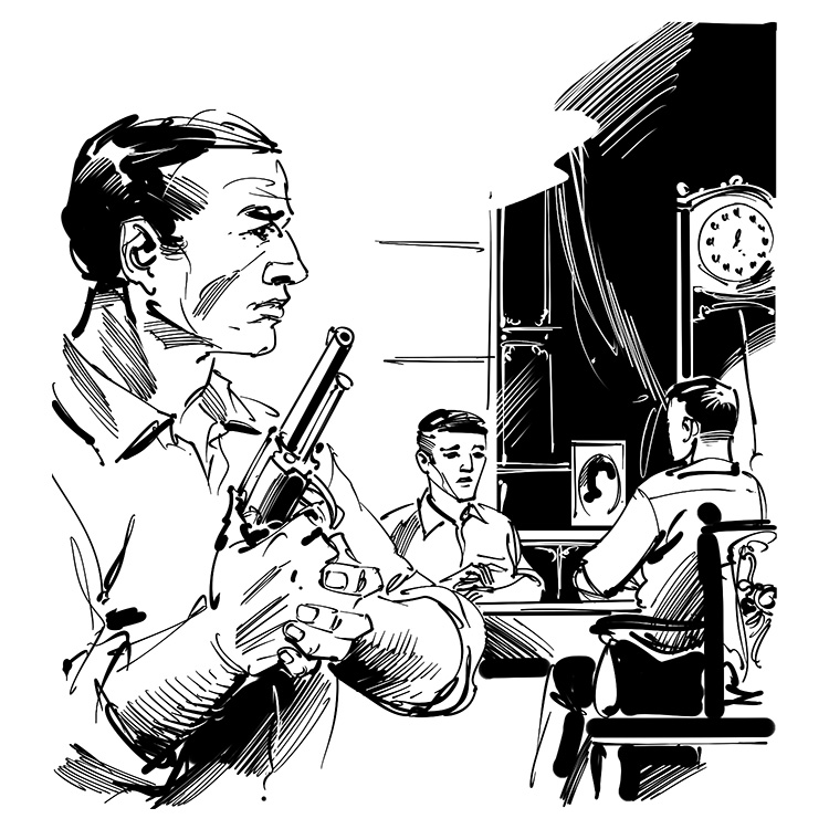 children's book detective story illustration, man with gun