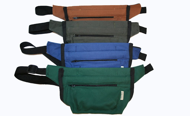 french hinged bait bags with black webbing, fabric colors are rust, army green, blue, and hunter green